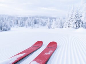 Skis on snow-laden slopes